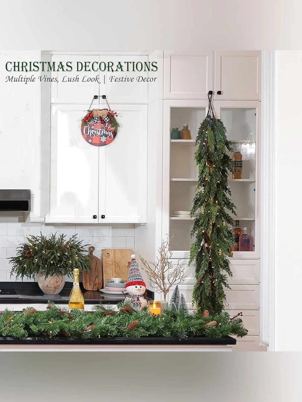 6 Feet Christmas Garland Decorations - Real Touch Cedar - Free LED String Lights